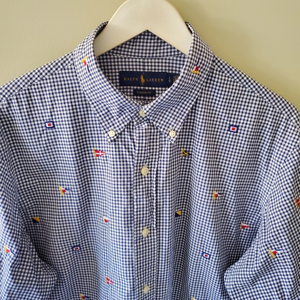 Ralph Lauren L Classic Fit Check Gingham Flags Nautical Old Money Button Shirt - Picture 3 of 10
